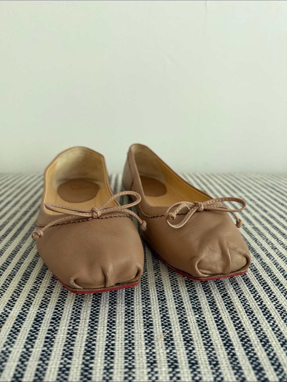 Christian Louboutin Leather Square-Toe Ballet Flats in Tan w/ cobblered Red Sole
